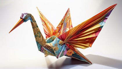 白い背景に、折り紙で作られた精巧な鶴が一羽