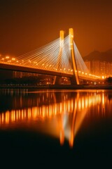Fototapeta premium Cable-stayed bridge in Asia at night with city lights reflected on the water