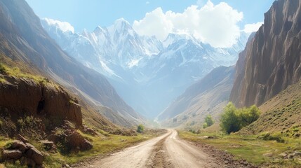 Scenic Himalayan road leading towards snow-capped peaks under cloudy sky