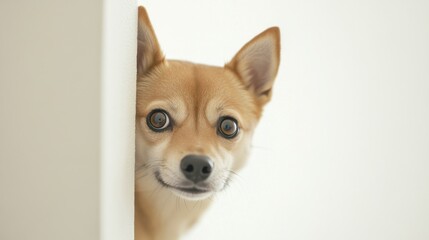 Obraz premium Curious small dog peeking around corner with alert ears and bright eyes