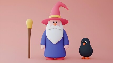 Fototapeta premium Charming Wizard Character with Staff and Cute Bird Companion