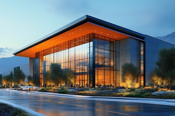 Modern glass building at dusk. (1)