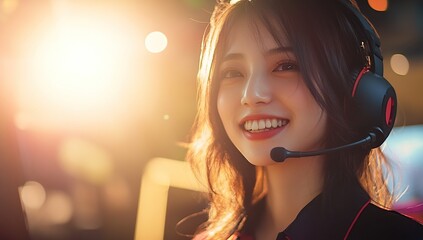 Gamer Girl Smiles, Wearing Headset, Illuminated, Golden Hour, Streaming Enthusiast, Online Gaming, Virtual World, Competitive Spirit