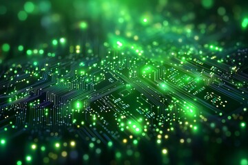 A green computer chip with many small lights on it. Background Isolate of teachnology.
