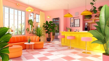 Fototapeta premium Stylish Pink and Yellow Lounge Cafe Interior Design
