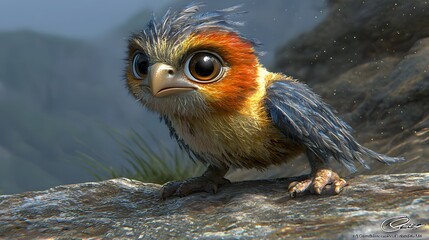 Cute Colorful Bird with Large Eyes Resting on a Rock Surface