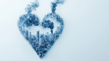 An artistic representation of a heart filled with cityscapes and smoke, symbolizing the conflict between love for urban life and environmental pollution.