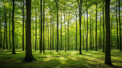 Naklejka premium Sunlight filters through tall trees in a serene forest, evoking tranquility and natural harmony.