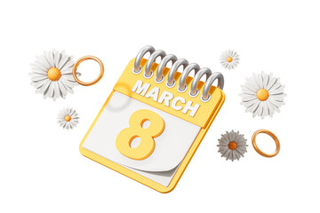 3D rendering of a yellow calendar displaying March 8, adorned with white daisies and golden rings, isolated on a white background, symbolizing Women's Day
