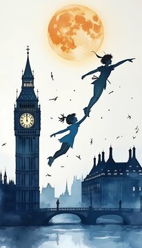 drawn olated background watercolor hand palace night sketch peter children big silhouettes london flying illustration white stminster moon tower ben pan watercolor peter pan children fly flight