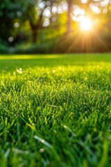 Naklejka premium Sunlight over a green lawn with trees in the background at sunset