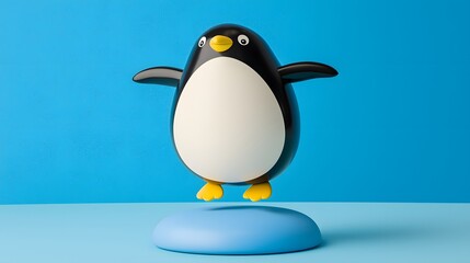 Fototapeta premium Cute Penguin Toy Standing on Blue Base Against Bright Background