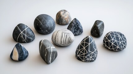 Artistic assortment of painted stones arranged on a neutral surface