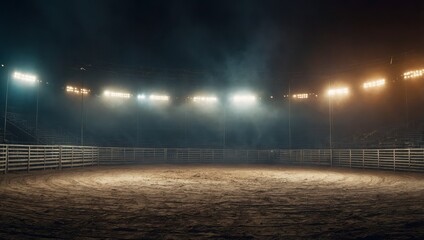 A quiet and empty rodeo arena filled with smoke under blindingly bright lights, highlighting a haunting 