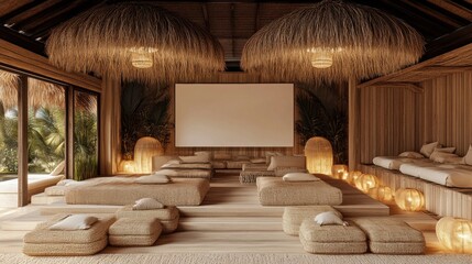 Modern Cozy Lounge Space with Natural Elements and a Central Screen for Relaxation and Gathering