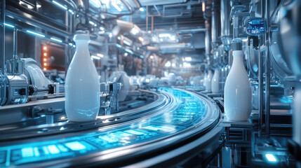 Milk Bottles on Automated Production Line in Dairy Factory design