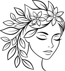 Serene Woman Floral Headpiece Line Art Drawing Sketch