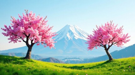 Serene Springtime Landscape Featuring Two Delicate Pink Blossom Trees Gracefully Flanked by Lush Green Grass, Set Against the Majestic Backdrop of a Snow-Capped Mountain Range on a Sunny Day.