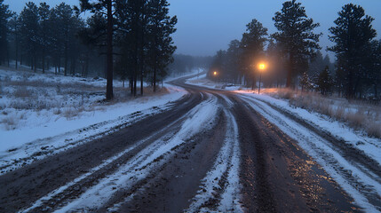Obraz premium Snowy winding road at dusk, forest background, winter travel scene