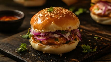 Delicious grilled chicken burger with onions and cilantro on rustic wooden board