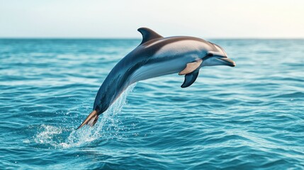 Fototapeta premium A baby dolphin jumping out of turquoise water, its sleek body glistening, with a soft focus on the ocean horizon.