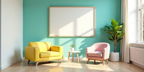 Brightly colored armchairs and a large blank canvas in a sunlit living space