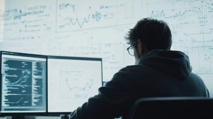 A data scientist analyzing algorithms on a computer screen, with whiteboards filled with mathematical equations in the background, Data science lab scene