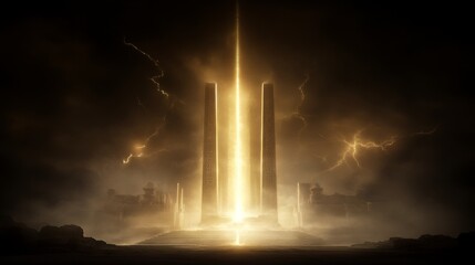 Fototapeta premium Ancient Pillars Gate with Glowing Beam Emerging Under Stormy Clouds Mysterious Light and Shadow.