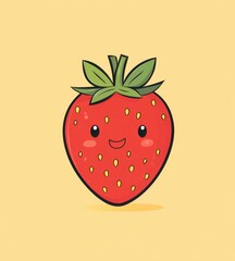 Cute smiling cartoon strawberry with green leaves on yellow background