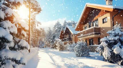 Charming Snow-Covered House Surrounded by Pine Trees Under Bright Sunlight in Winter Landscape