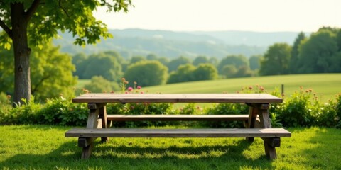 Obraz premium Rustic Wooden Picnic Table Set Against a Picturesque Pastoral Landscape with Lush Green Meadows and Rolling Hills under a Sunny Sky