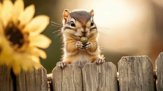 A baby chipmunk holding a sunflower seed, its cheeks puffed up, with a soft focus on a wooden fence.