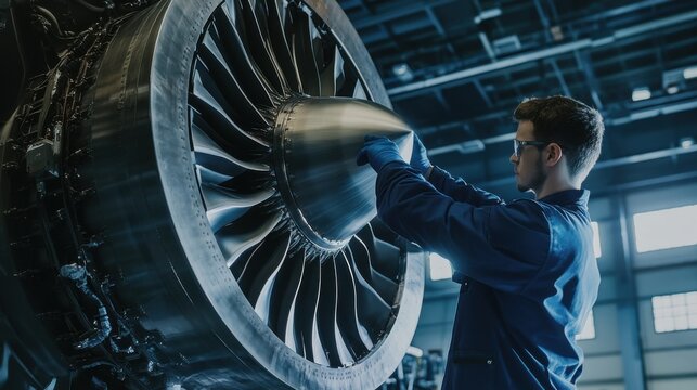 A dedicated aerospace engineer inspecting a turbine engine component in an aircraft maintenance hangar, Aircraft maintenance hangar scene, Aerospace engineering style