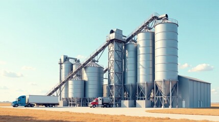 Obraz premium Industrial Agricultural Complex with Grain Silos and Transportation
