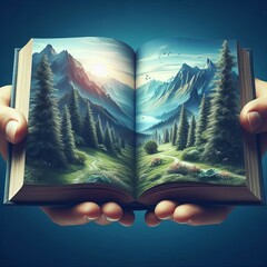 Open Book with a Landscape Scene on the Pages The