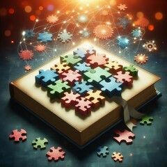 Open Book with Interlocking Puzzle Pieces Symboliz
