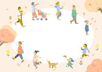 桜を楽しむ人々のフレーム　カラフルで楽しい水彩風イラスト