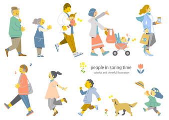 春を喜ぶいろいろな人々　カラフルで楽しいフラットイラスト