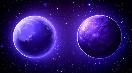 Obraz premium Binary Celestial Duo of Purple Planets Amidst a Sea of Cosmic Stars in Dark Outer Space Fantasy.