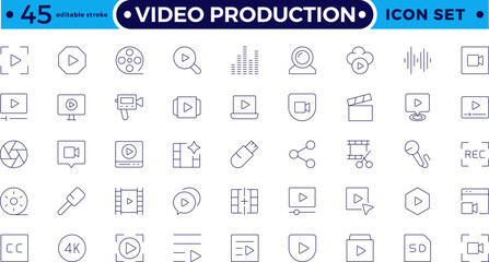 Video icon set. Containing camera, play, pause, media, online video, live, production, player, movie and cinema icons. Video production icon outline icon collection. Editable stroke outline icon.
