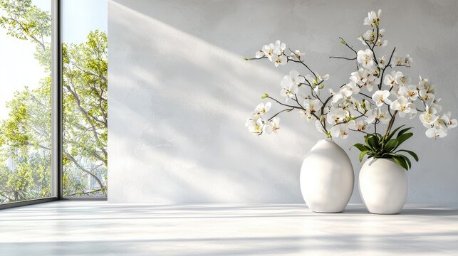 White orchids in vases, minimalist room, sunlight, green view