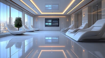 Modern luxury lounge with city view.