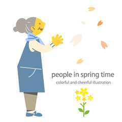 春を喜ぶシニア女性　カラフルで楽しいフラットイラスト