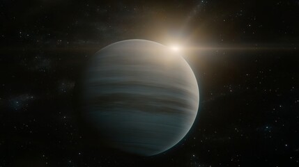 Blue Gas Giant Planet Illuminated by Distant Sun Shining Bright with Wisps of Interstellar Dust.