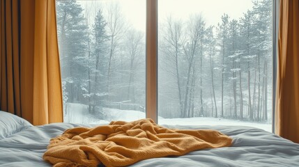 A bed with a neatly folded blanket, placed under a large window with natural light.