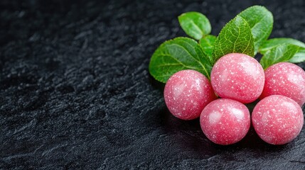 Pink berries on dark stone, leaves, close-up, food blog