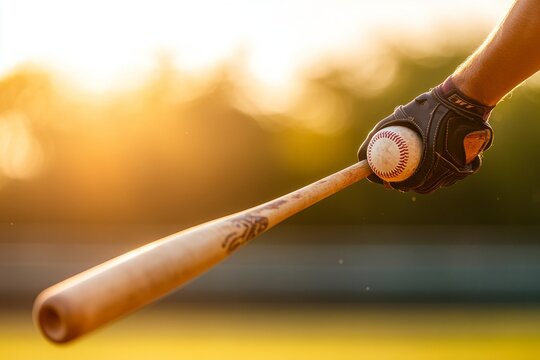 Baseball player positioning ball on bat at sunset