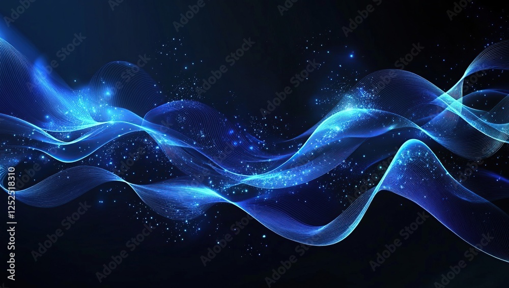 Poster abstract blue waves flowing dynamically with glowing particles in dark space, creating a serene and 