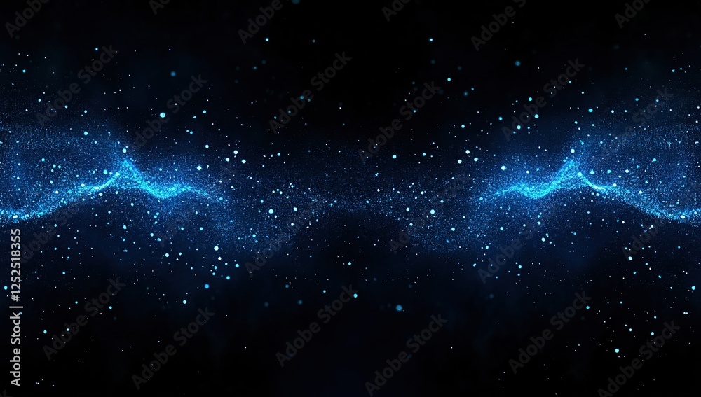 Poster blue particles flowing dynamically across dark background, creating an abstract and futuristic vibe.