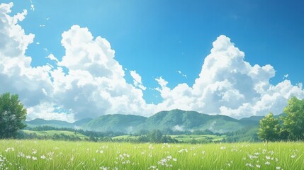 Fototapeta premium Bright sunny meadow with lush green hills and fluffy clouds